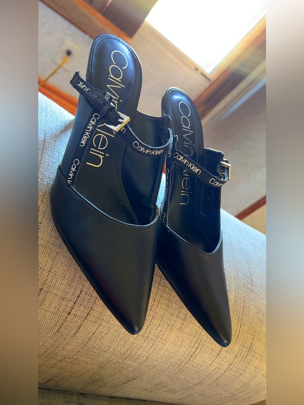Calvin Klein Black Pointed Toe Mule Heels Buckle Strap